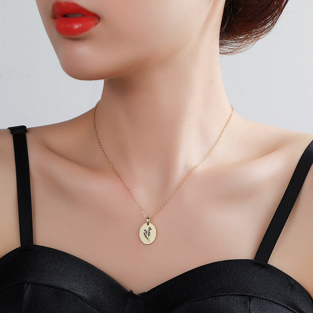 Wholesale Moon Flower Gold Plated Corrosion Pattern Oval Pendant Necklace