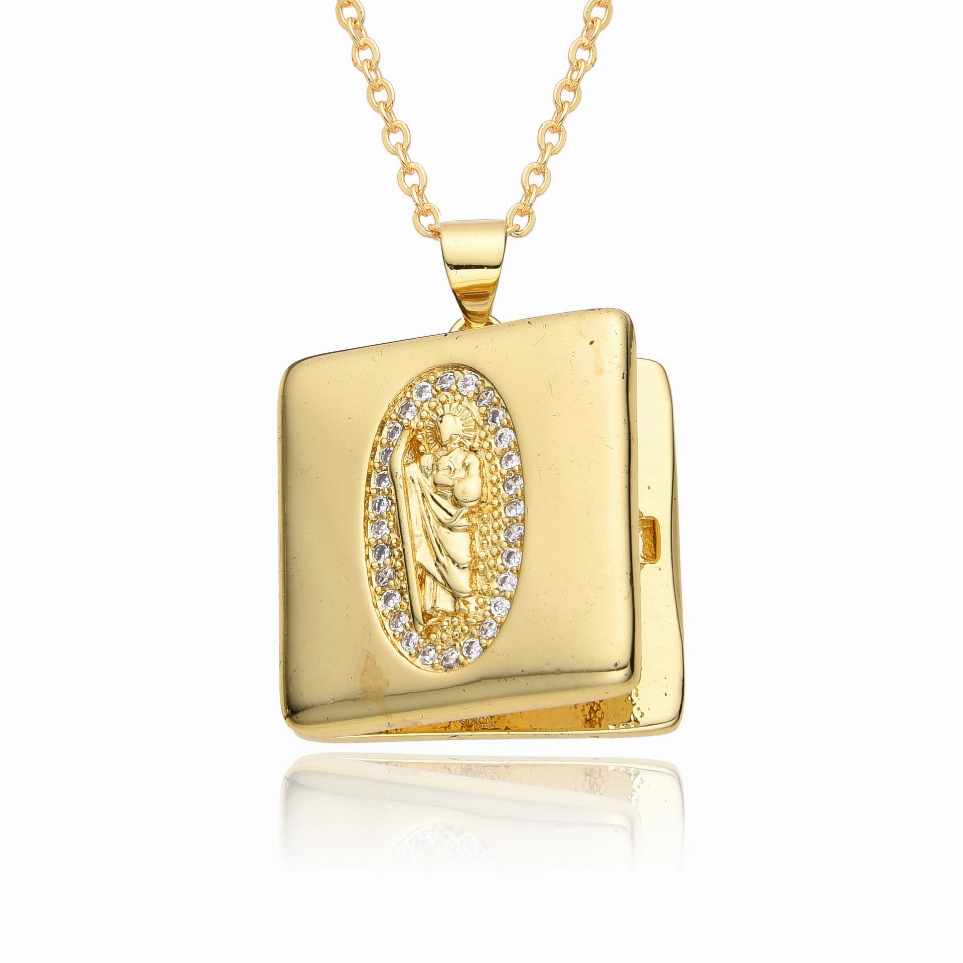 Wholesale Moon Micropaved Virgin Mary Opening and Closing Copper Plated Real Gold Necklace