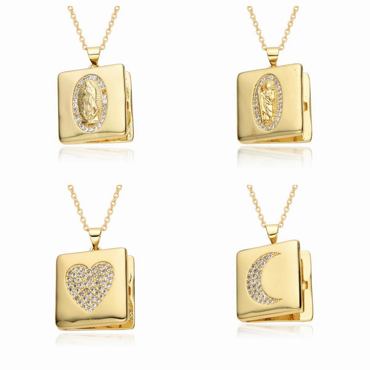 Wholesale Moon Micropaved Virgin Mary Opening and Closing Copper Plated Real Gold Necklace