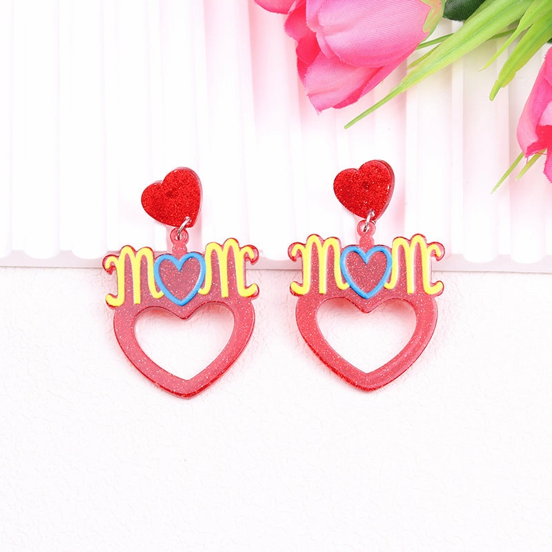 Wholesale Mother's Day Acrylic Hollow Red Heart Earrings