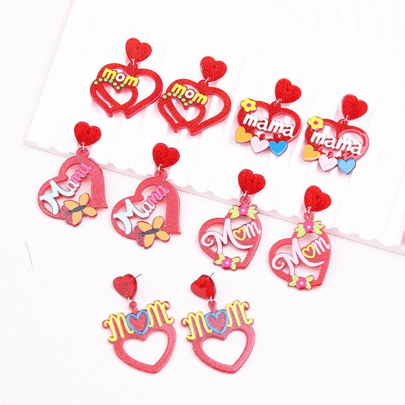 Wholesale Mother's Day Acrylic Hollow Red Heart Earrings