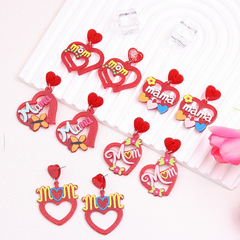 Wholesale Mother's Day Acrylic Hollow Red Heart Earrings