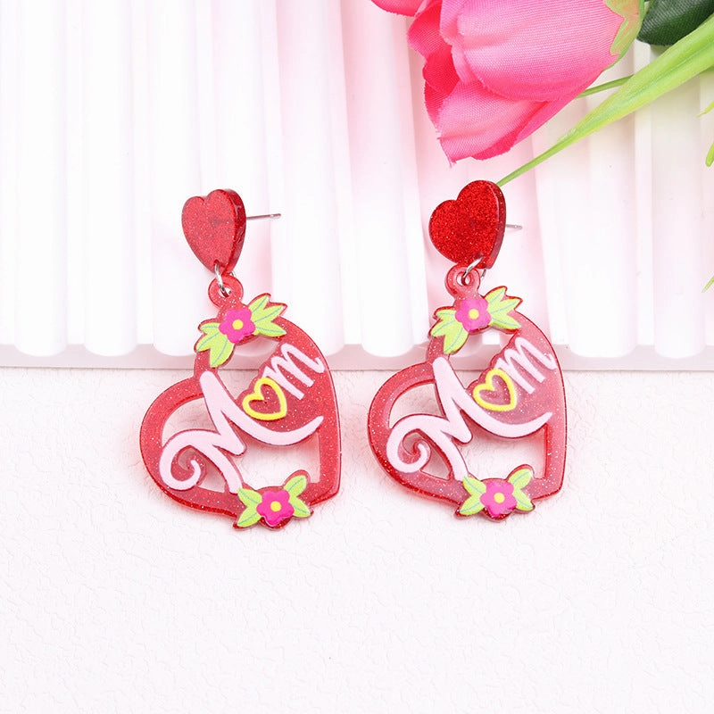 Wholesale Mother's Day Acrylic Hollow Red Heart Earrings