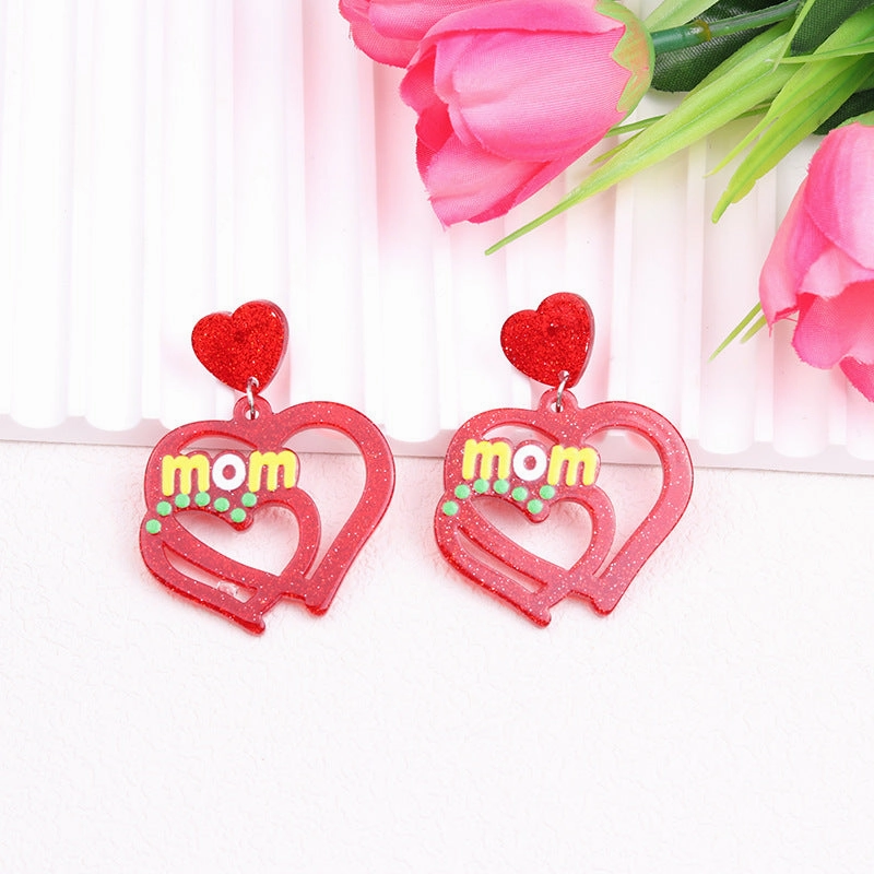 Wholesale Mother's Day Acrylic Hollow Red Heart Earrings