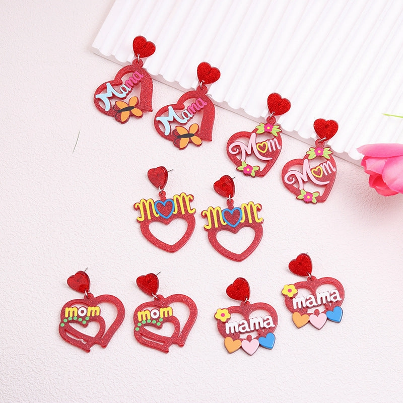 Wholesale Mother's Day Acrylic Hollow Red Heart Earrings