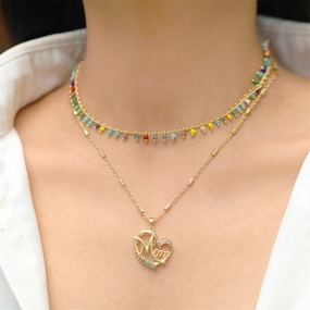 Wholesale Mother's Day Copper Inlaid Color Diamond MOM Peach Letter Necklace