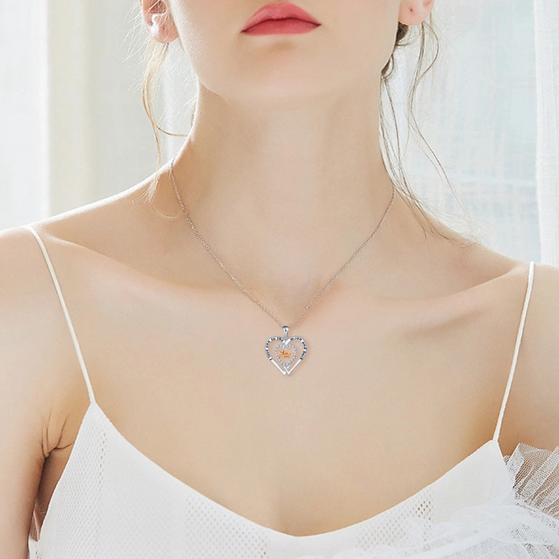 Wholesale Mother's Day Double Love Mom Diamond Set Alloy Necklace