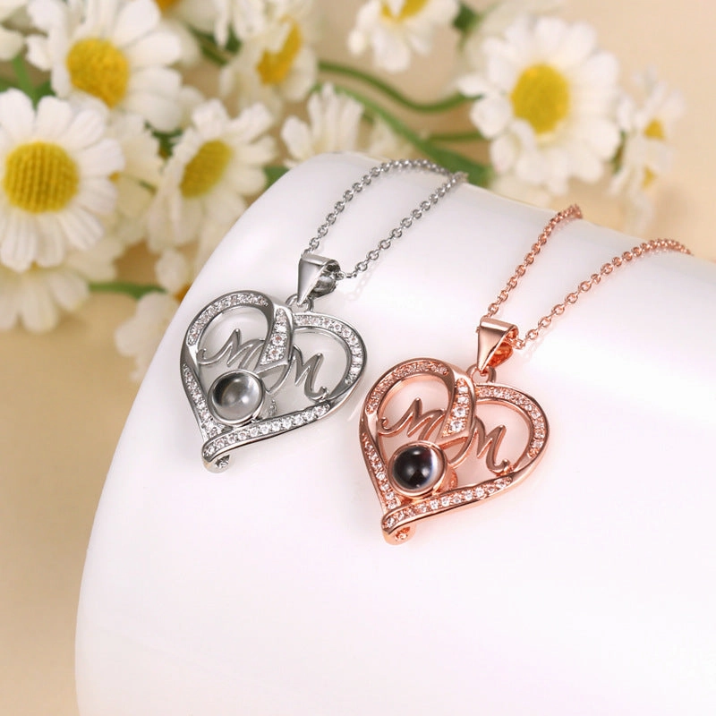 Wholesale Mother's Day Double Love Mom Diamond Set Copper Necklace