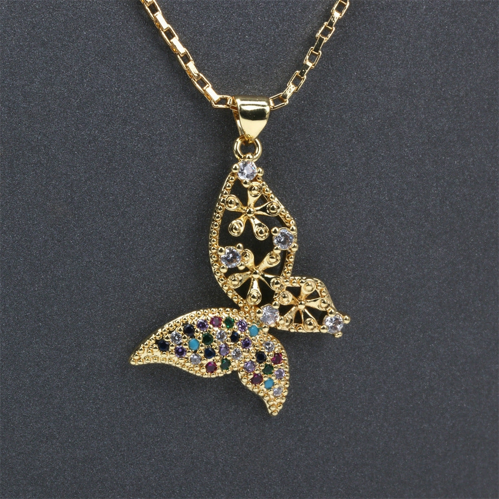 Wholesale Mother's Day Gift Color MOM Diamond-studded Copper Plated Real Gold Butterfly Necklace