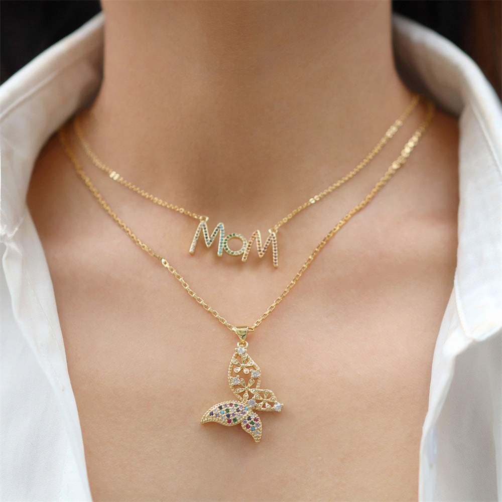 Wholesale Mother's Day Gift Color MOM Diamond-studded Copper Plated Real Gold Butterfly Necklace