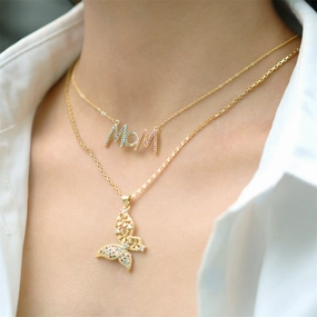 Wholesale Mother's Day Gift Color MOM Diamond-studded Copper Plated Real Gold Butterfly Necklace