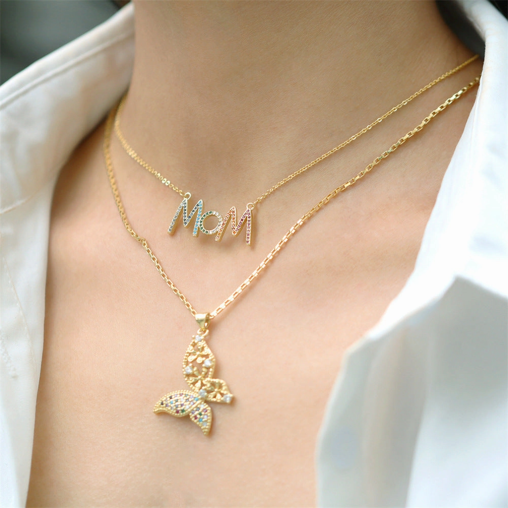 Wholesale Mother's Day Gift Color MOM Diamond-studded Copper Plated Real Gold Butterfly Necklace