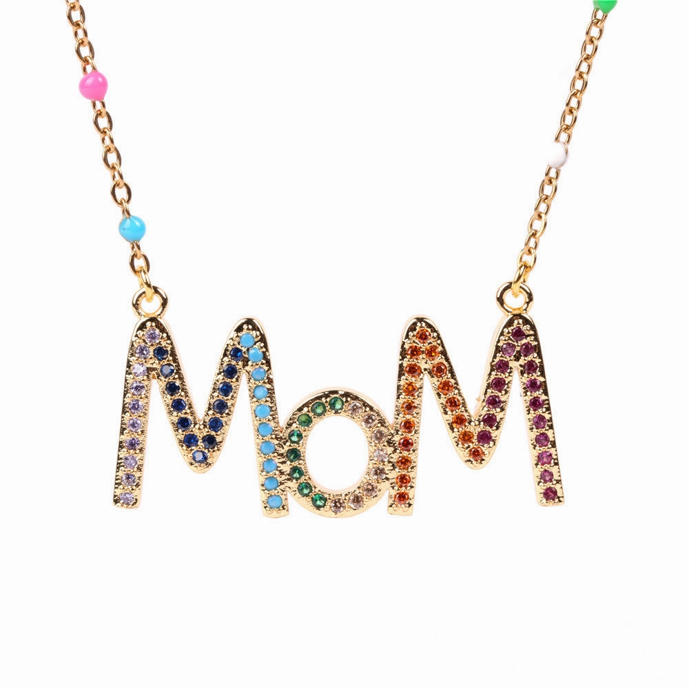 Wholesale Mother's Day Gift Copper Diamond Mom Letter Necklace