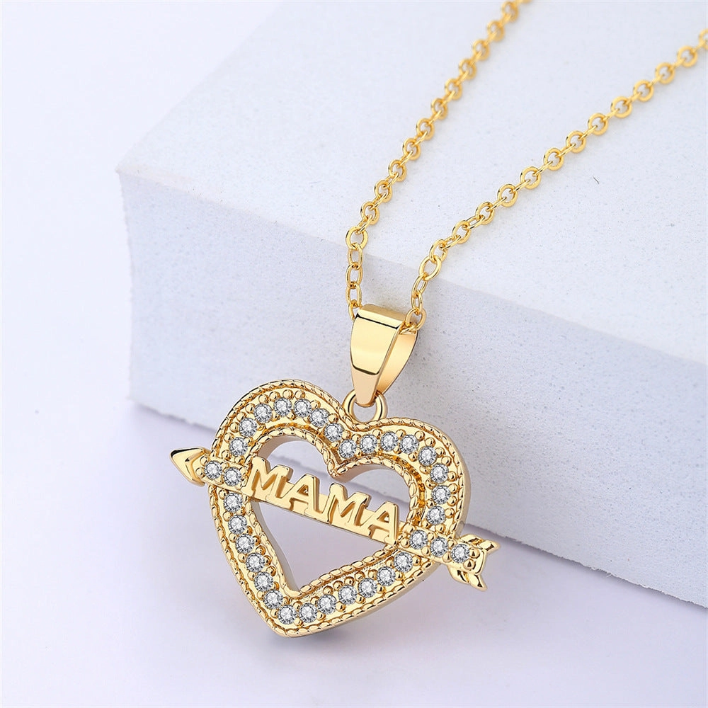 Wholesale Mother's Day Gift Copper Zircon MAMA One-arrow Heart Piercing Love Necklace