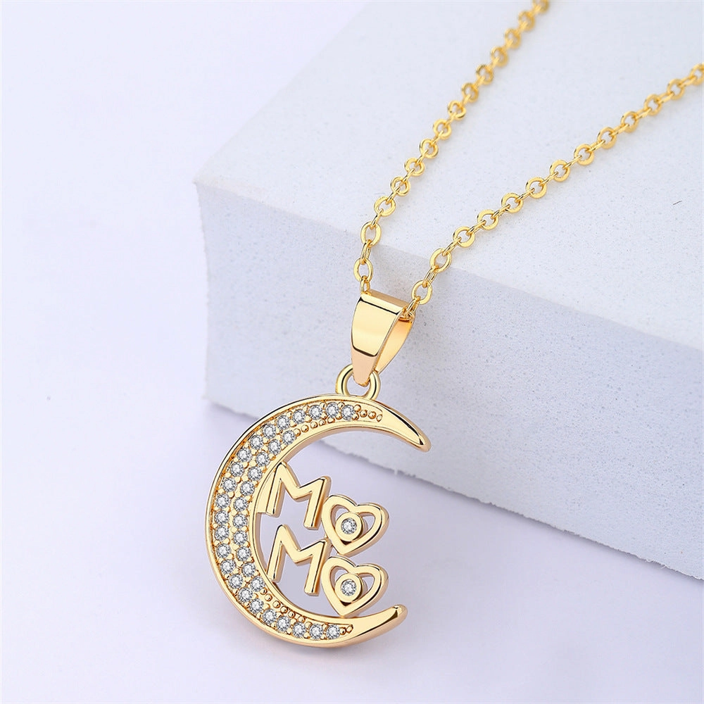 Wholesale Mother's Day Gift Copper Zircon MAMA Pendant Moon Necklace