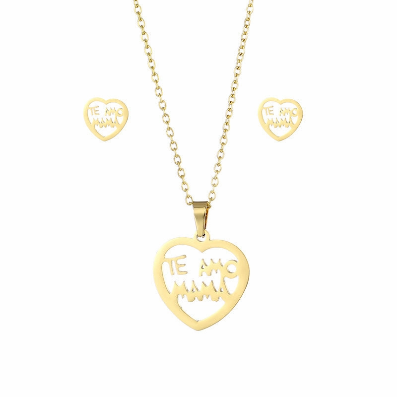 Wholesale Mother's Day Gift Hollow Glossy MOMO Heart Pendant Necklace Earrings Set