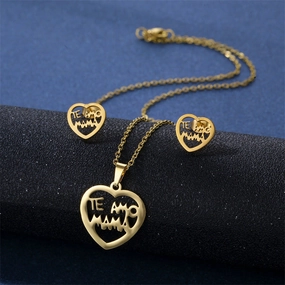 Wholesale Mother's Day Gift Hollow Glossy MOMO Heart Pendant Necklace Earrings Set