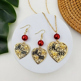Wholesale Mother's Day Heart Hollow Alloy Earrings Jewelry Set