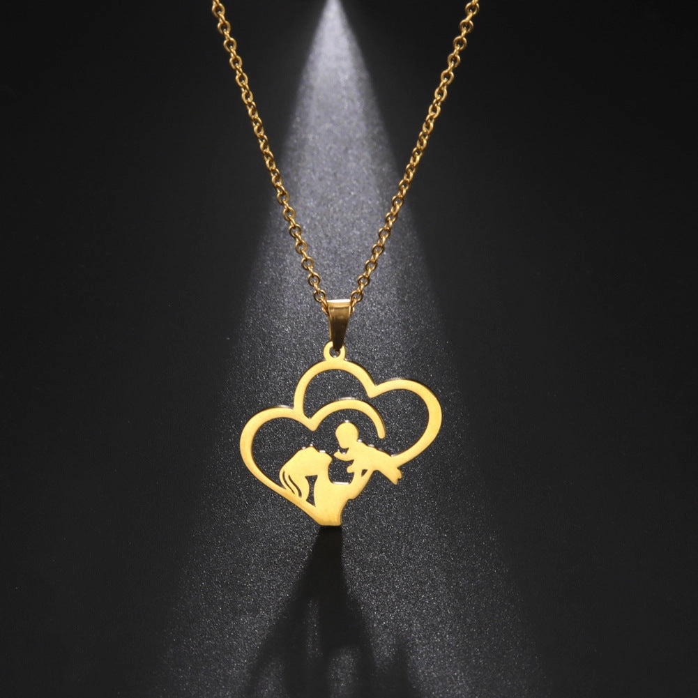 Wholesale Mother's Day Hollowed Out Stacked Love Mother Holding Baby Silhouette Stainless Steel Necklace