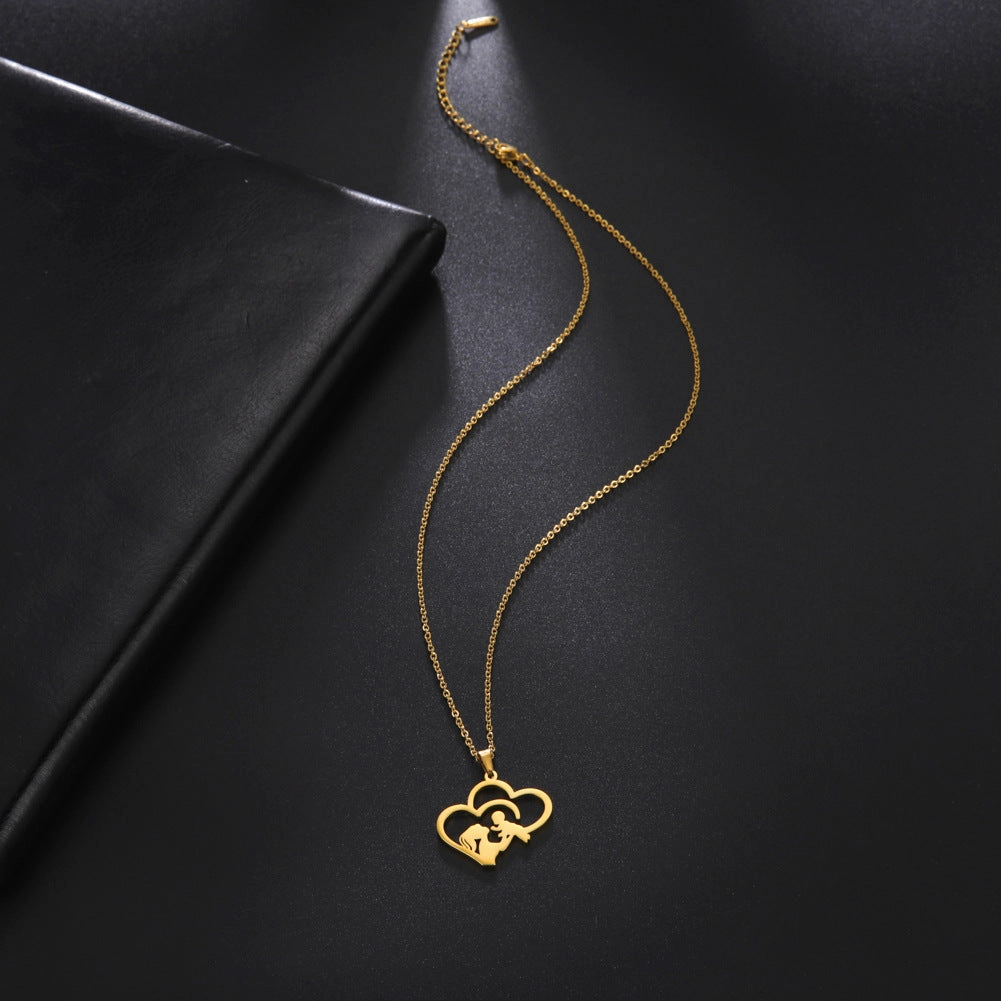 Wholesale Mother's Day Hollowed Out Stacked Love Mother Holding Baby Silhouette Stainless Steel Necklace