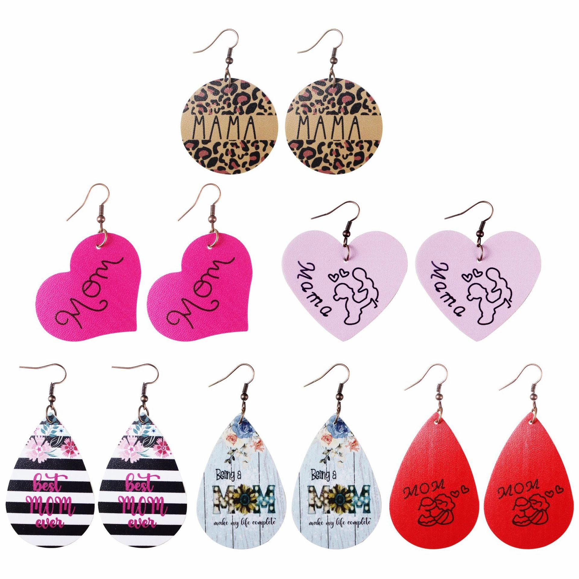 Wholesale Mother's Day Leopard Water Drop Love Leather Earrings