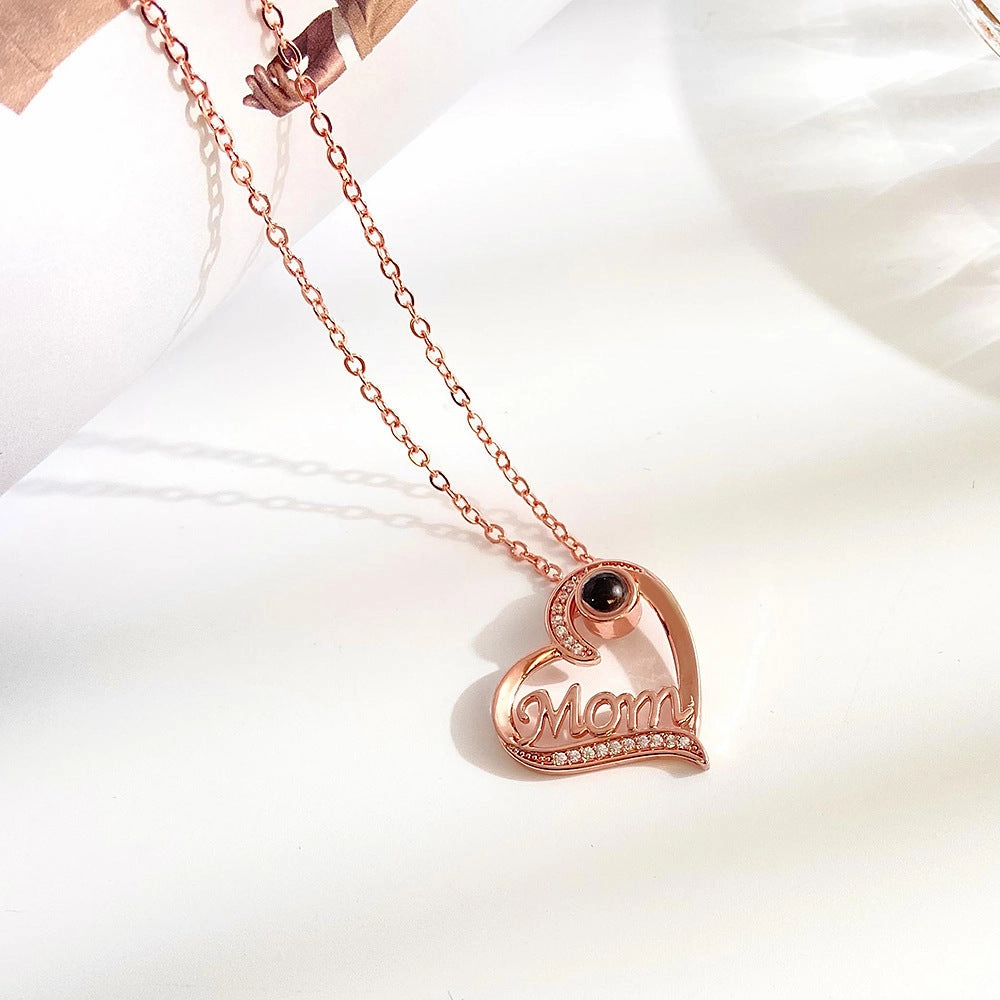 Wholesale Mother's Day Letter Heart Shape Mom Diamond Set Copper Necklace