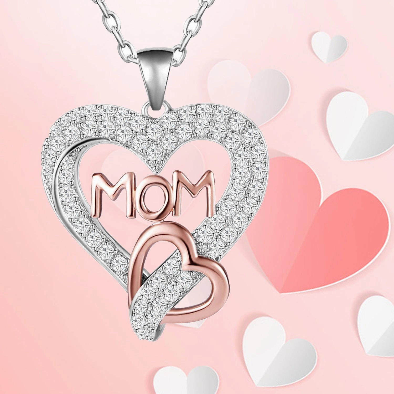 Wholesale Mother's Day Love Shaped Full Diamond Copper Necklaces