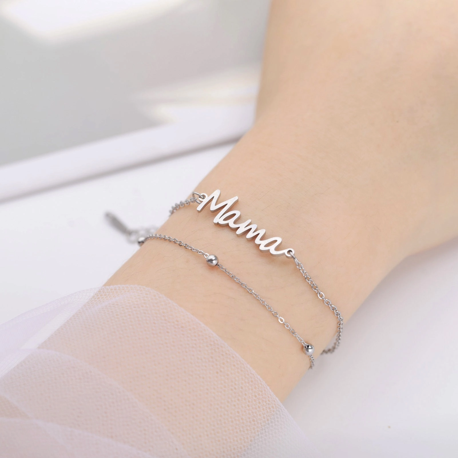 Wholesale Mother's Day Mama Stainless Steel Letter 18K Gold Stacked Beaded Chain Bracelet