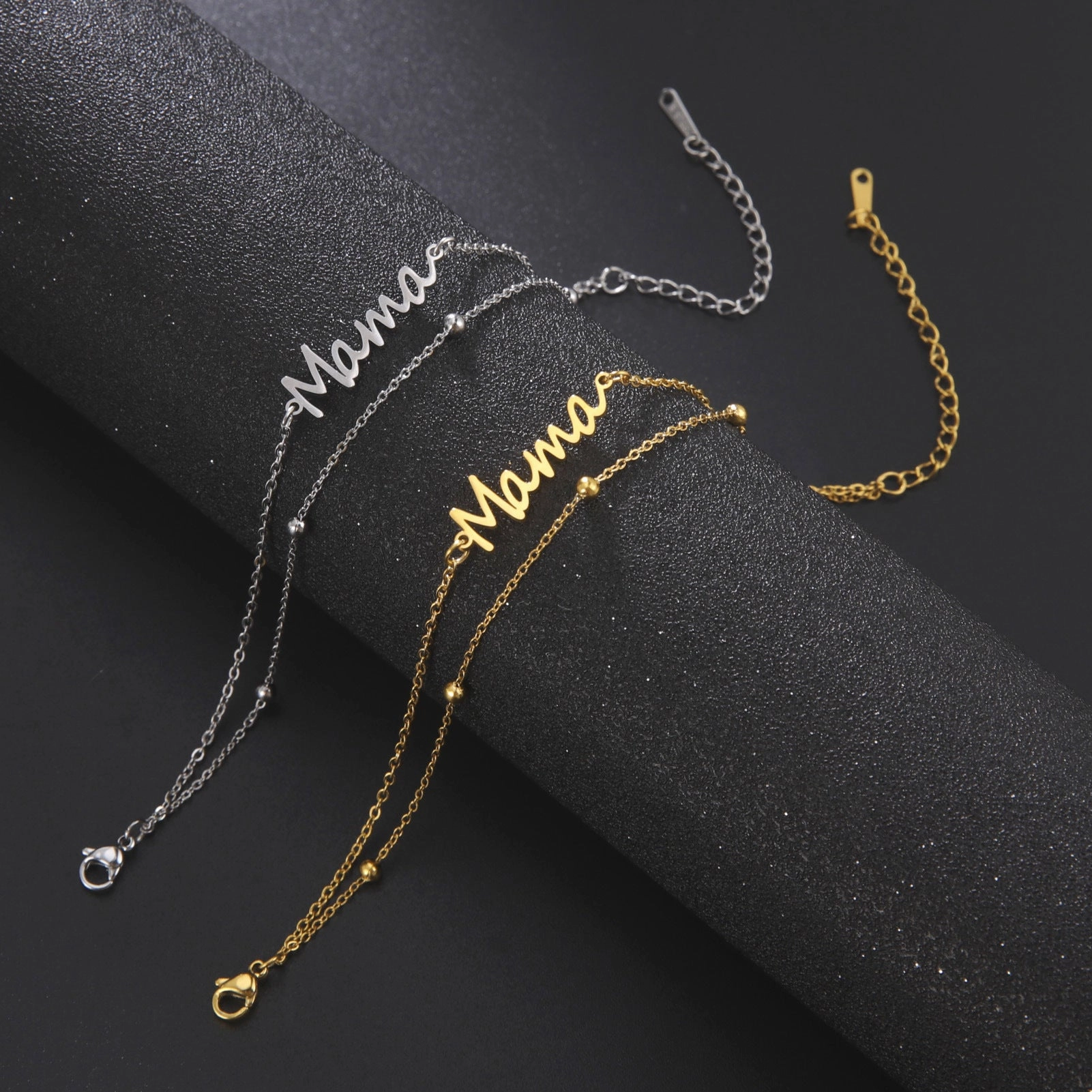 Wholesale Mother's Day Mama Stainless Steel Letter 18K Gold Stacked Beaded Chain Bracelet