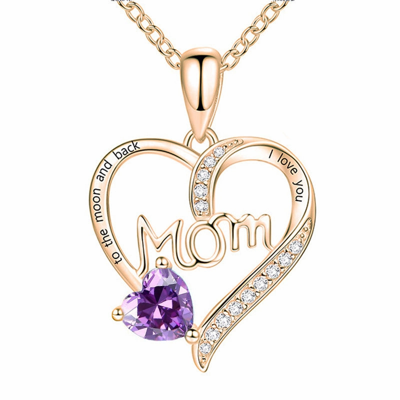 Wholesale Mother's Day Mom Heart-shaped Engraved Diamond Alloy Necklace