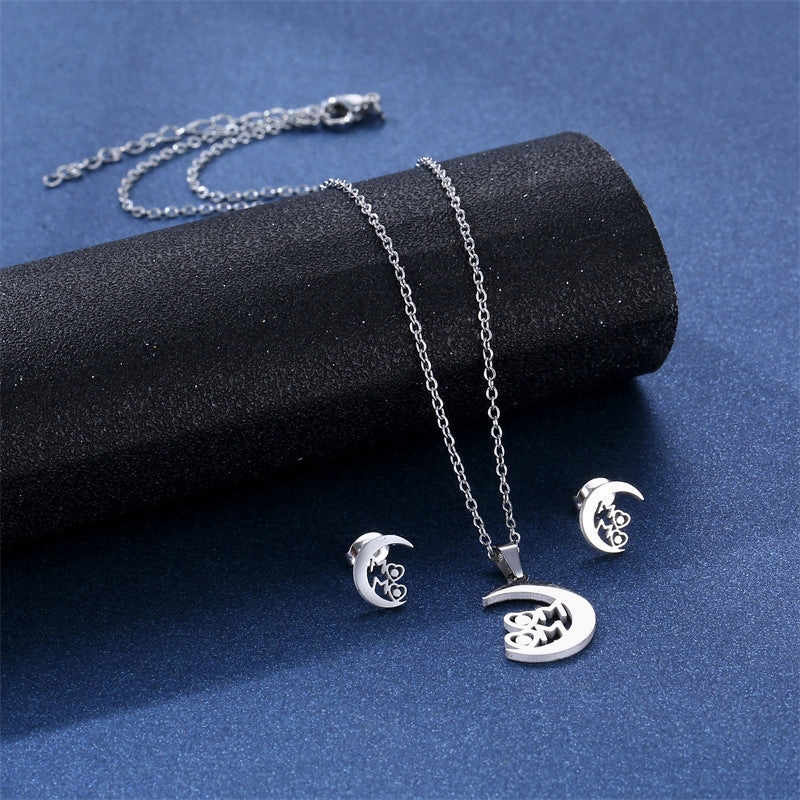 Wholesale Mother's Day Moon Stainless Steel Earrings Necklace Jewelry Set
