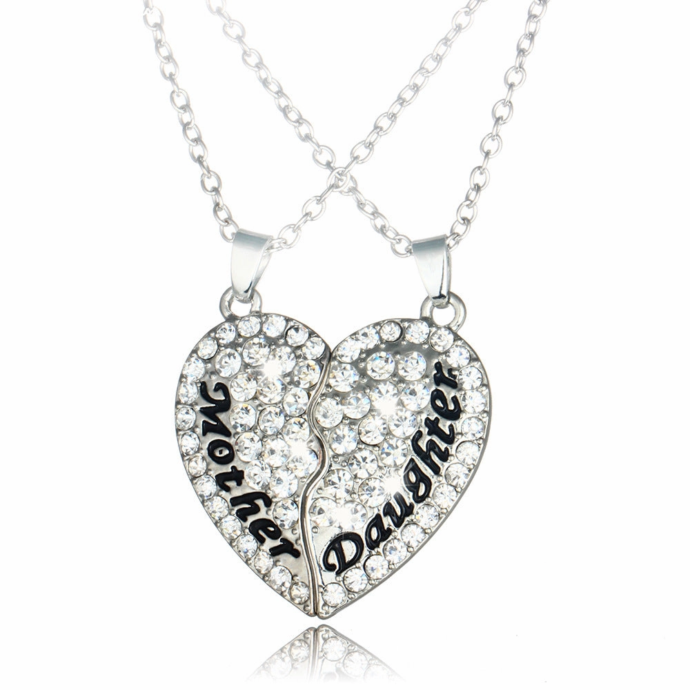 Wholesale Mother's Day Parent-child Style Mother and Daughter Heart-shaped Diamond Patchwork Pendant Alloy Necklace