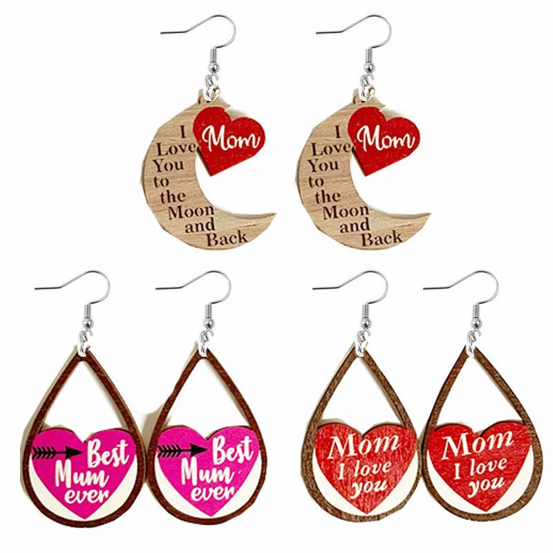 Wholesale Mother Water-saving Drop Shaped Love Wooden Earrings