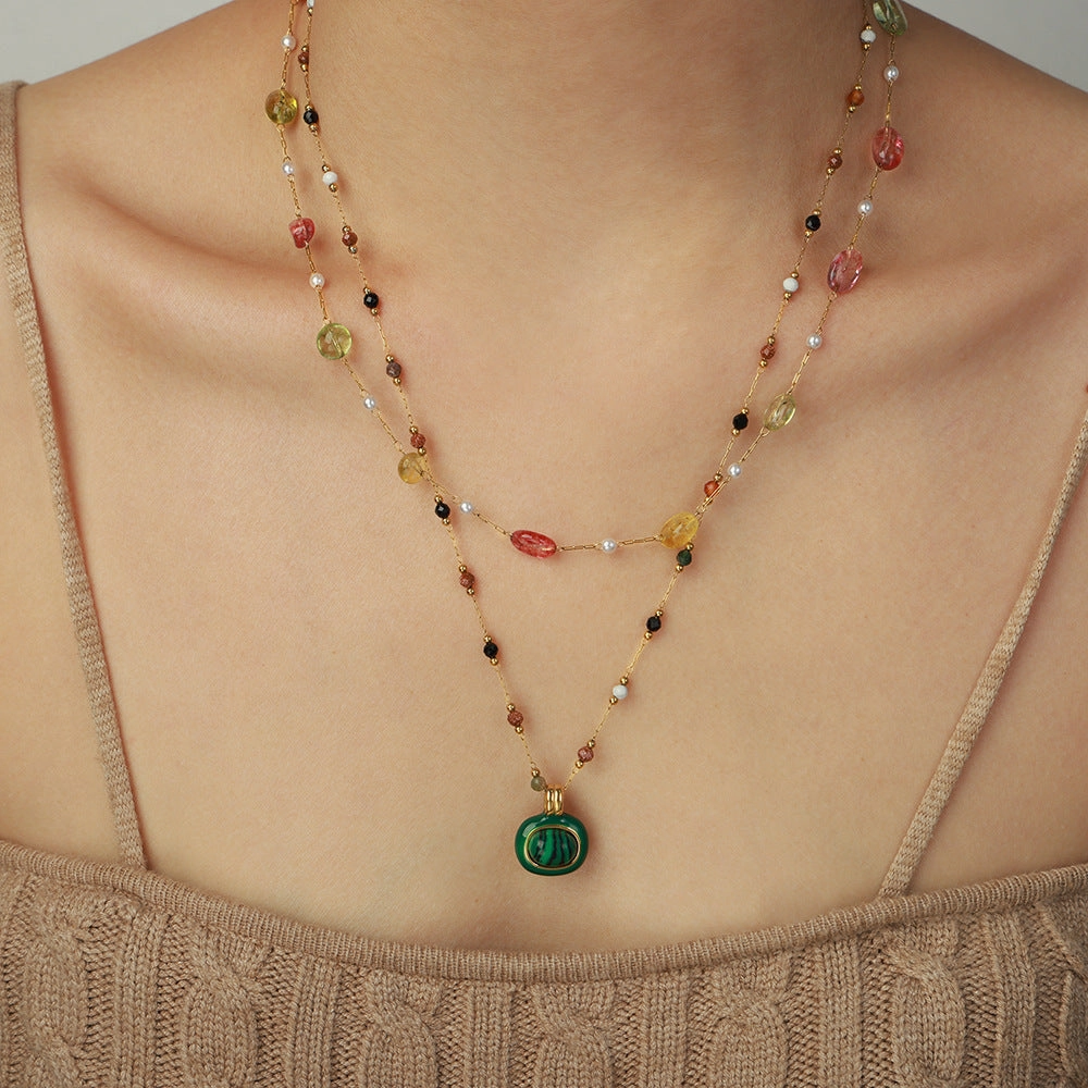 Wholesale Multi-color Natural Stone Beaded Design Titanium Steel Necklace
