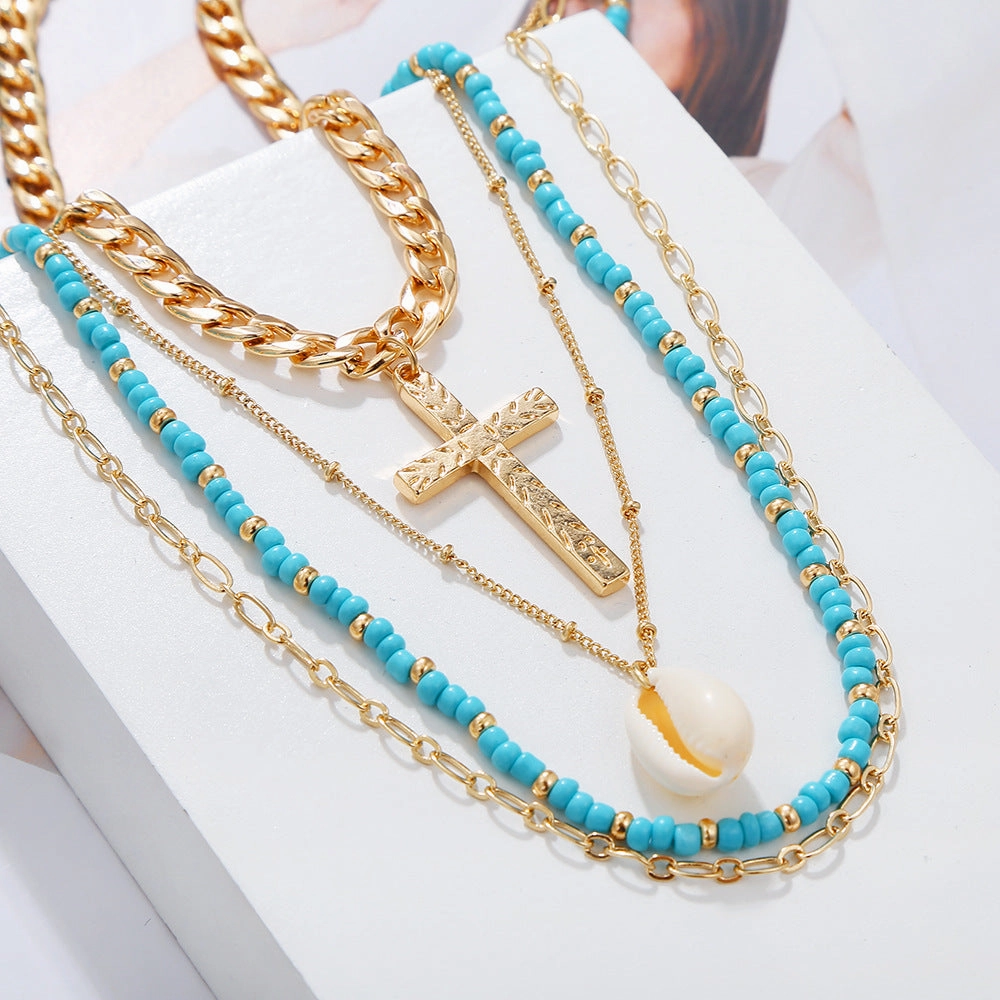 Wholesale Multi-Layered Demi Beads Shell Cross Necklace