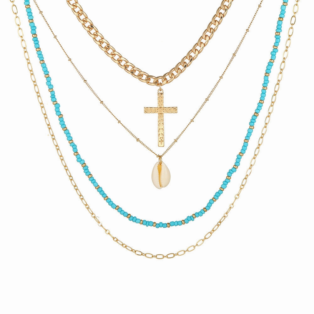 Wholesale Multi-Layered Demi Beads Shell Cross Necklace