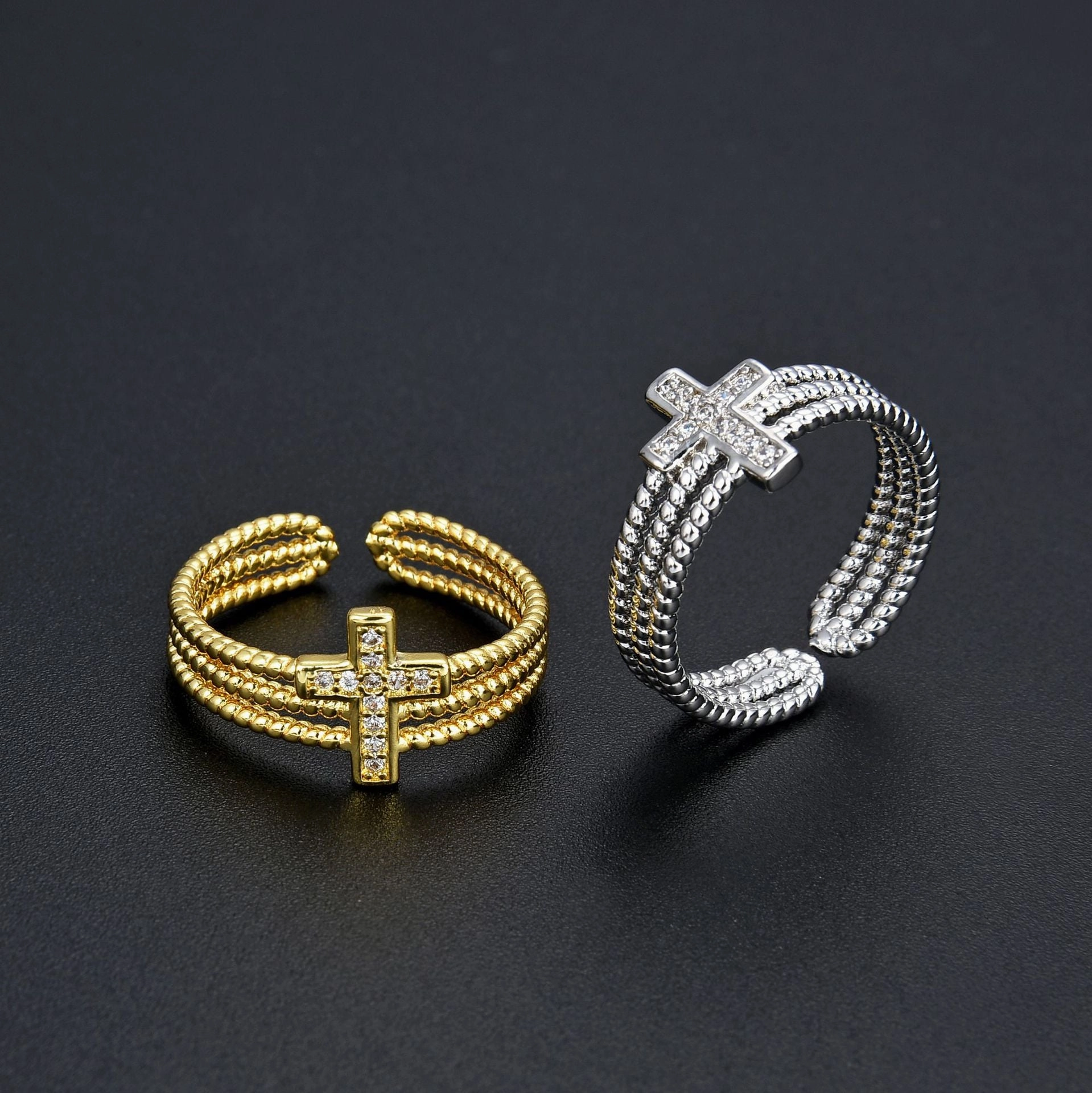 Wholesale Multi-layered Diamond Zircon Cross Open Adjustable Ring