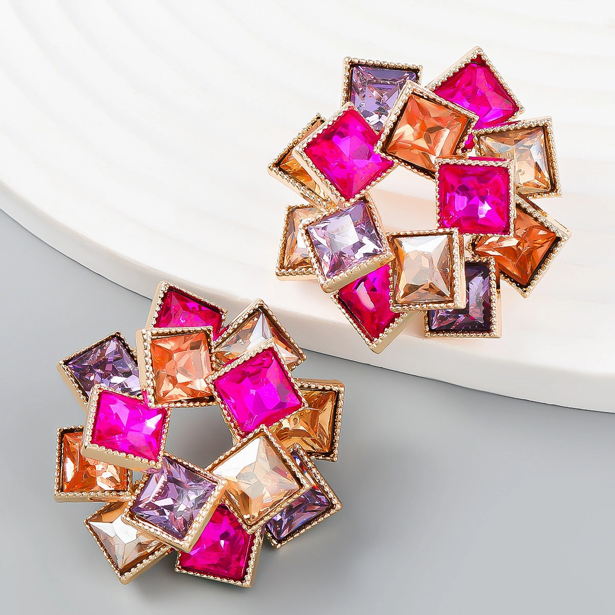 Wholesale Multi-layered Square Rhinestone Pinwheel-shaped Alloy Diamond Earrings