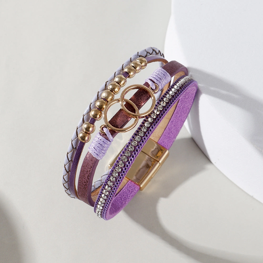 Wholesale Multilayer Braided Leather Double Circle Magnet Buckle Bracelet