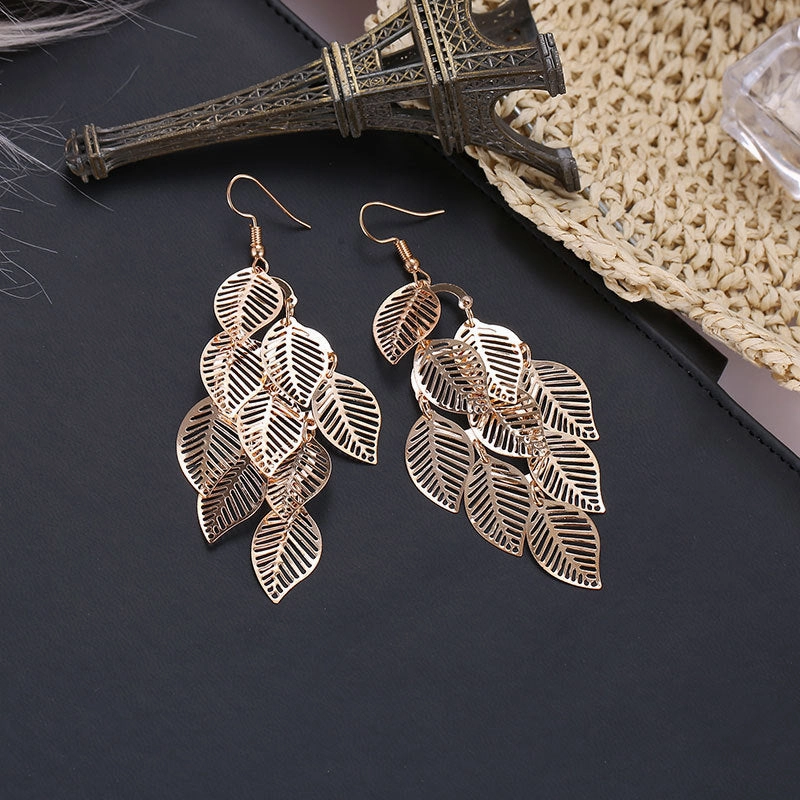 Wholesale Multilayer Hollow Leaf Alloy Earrings
