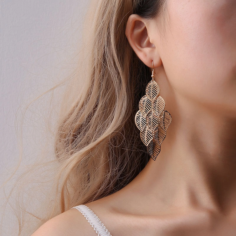 Wholesale Multilayer Hollow Leaf Alloy Earrings