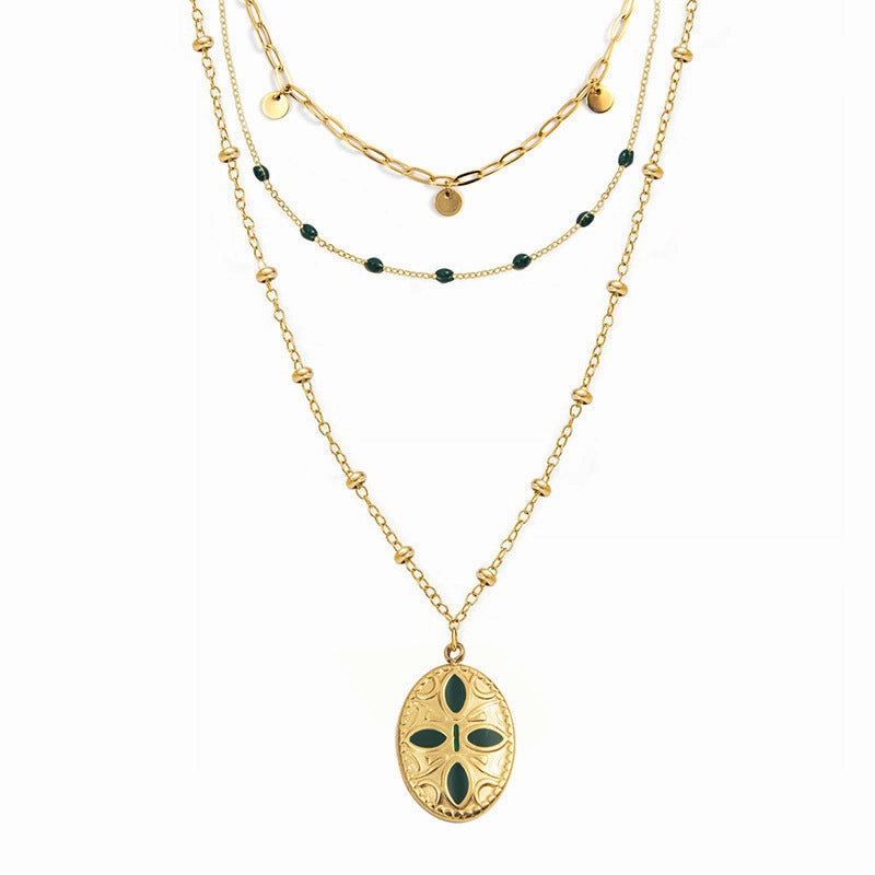Wholesale Multilayer Oil Oval Pendant Stainless Steel Necklace