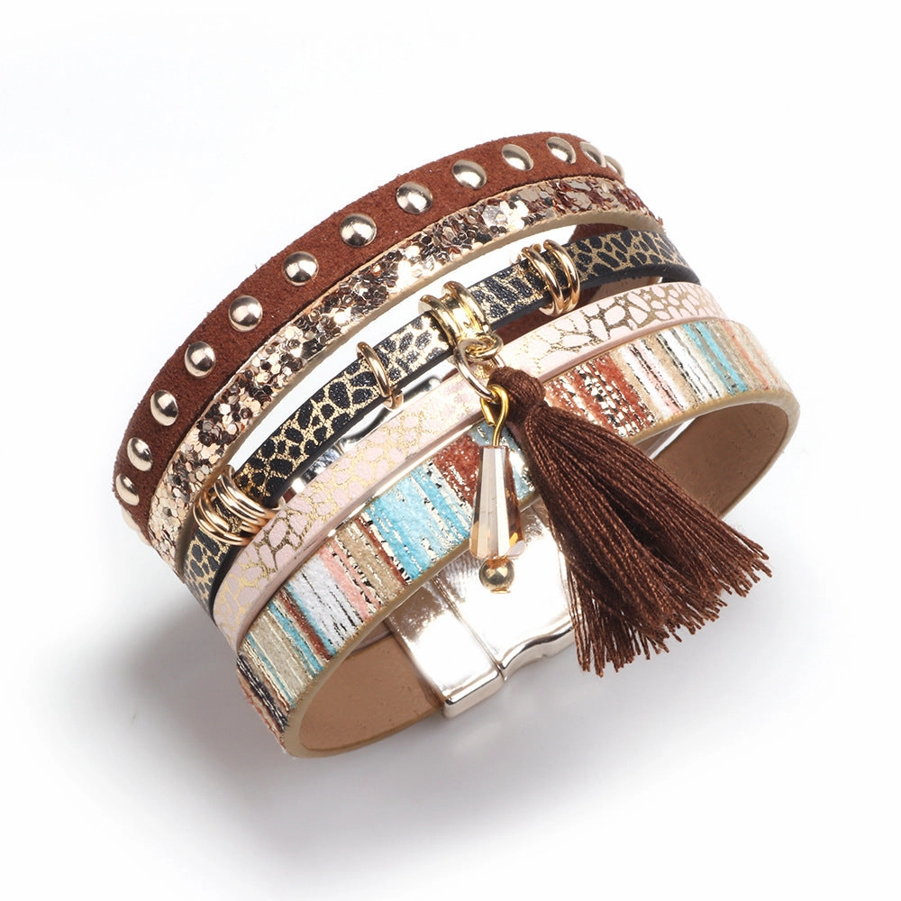 Wholesale Multilayer Tassel Leather Extra Wide Magnetic Closure Bacelet