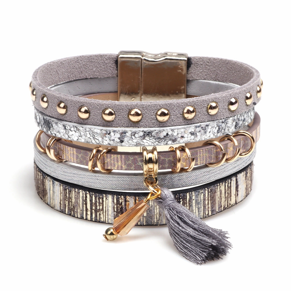 Wholesale Multilayer Tassel Leather Extra Wide Magnetic Closure Bacelet