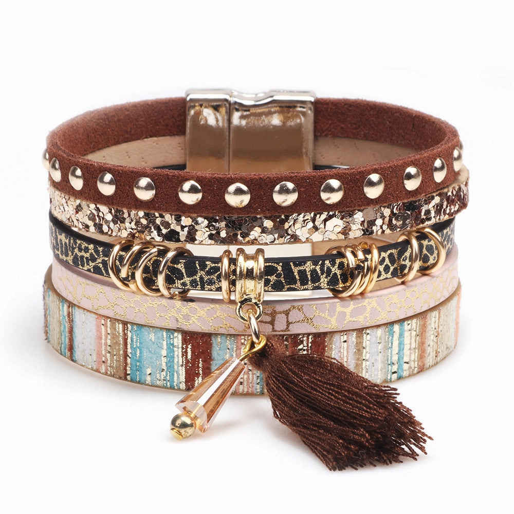 Wholesale Multilayer Tassel Leather Extra Wide Magnetic Closure Bacelet