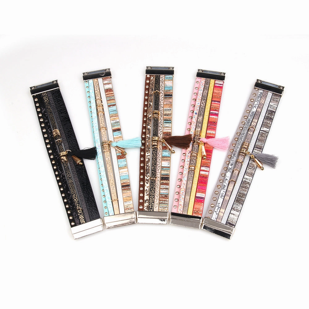 Wholesale Multilayer Tassel Leather Extra Wide Magnetic Closure Bacelet
