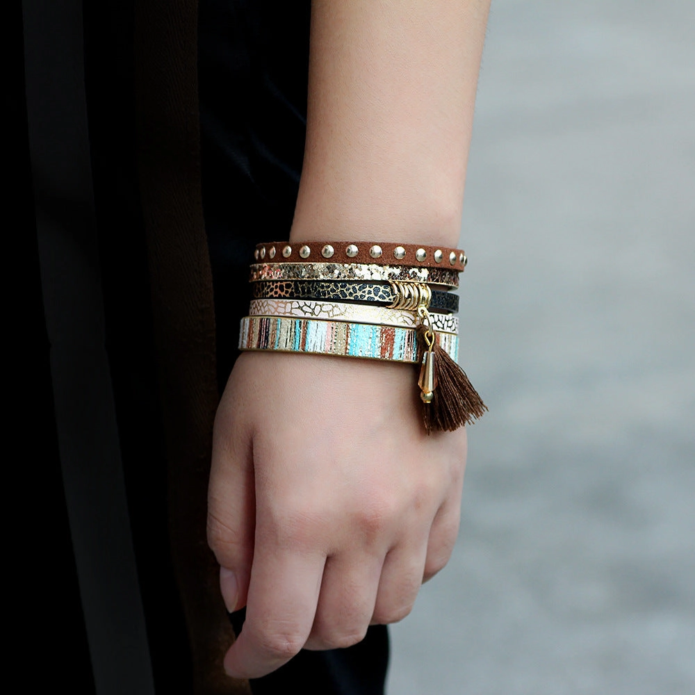 Wholesale Multilayer Tassel Leather Extra Wide Magnetic Closure Bacelet