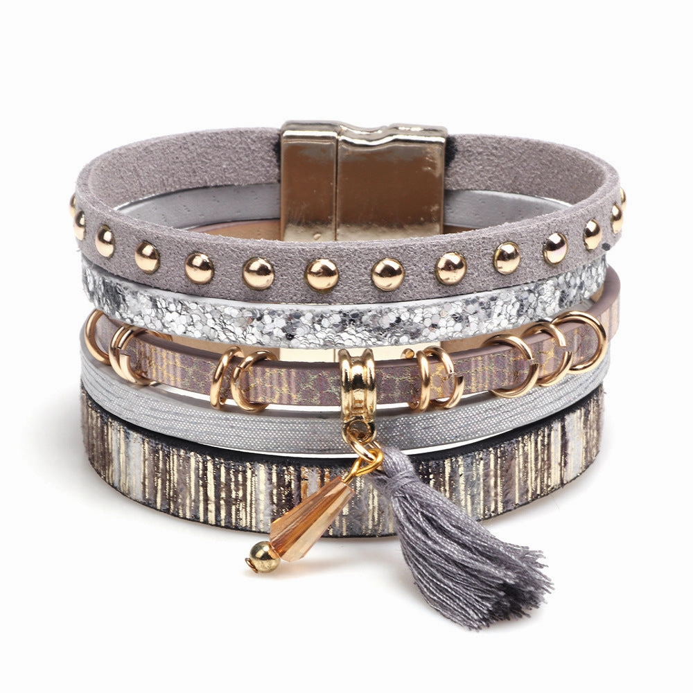 Wholesale Multilayer Tassel Leather Extra Wide Magnetic Closure Bacelet