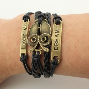 Wholesale Multiple Leather Rope Accessories Braided Big Eyed Owl Bracelet