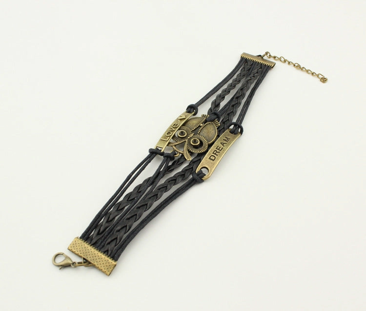 Wholesale Multiple Leather Rope Accessories Braided Big Eyed Owl Bracelet